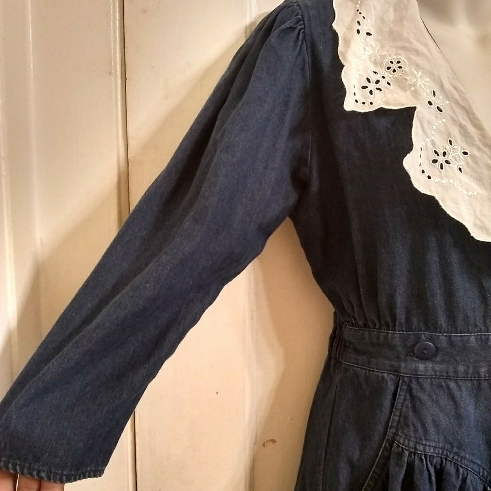 SOLD VTG 80s Denim & Eyelet Lace Wrap Dress Sz10P - Picture 3 of 8